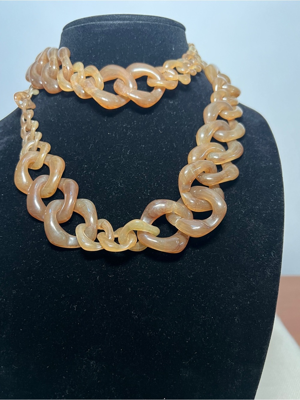 Vintage Honey Amber Resin Link Necklace - Warm Orange Tones